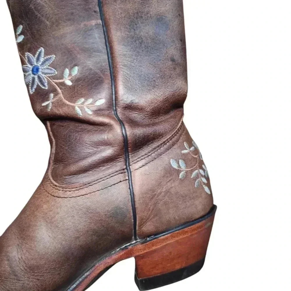Boulet Snip-Toe Leather Floral Embroidered Western Boot Coastal Cowgirl - Picture 5 of 9